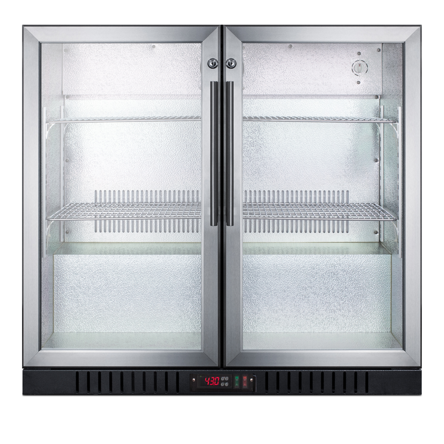 Commercial back bar beverage center for freestanding use, with self-closing French doors and stainless steel wrapped cabinet; replaces SCR7012DCSS